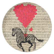 Funny vintage zebra & heart balloons plates