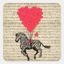 Funny vintage zebra & heart balloons square sticker