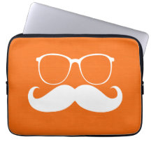 Funny White Moustache Glasses on Orange Background Computer Sleeve