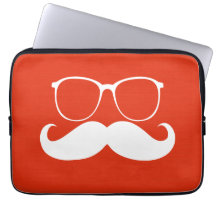 Funny White Moustache Glasses on Orange Red Computer Sleeve