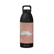 Funny White Moustache On Pink Polka Dots Pattern Reusable Water Bottles