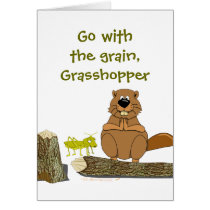 Funny Wood Turning Beaver and Grasshopper Cartoon Greeting Cards