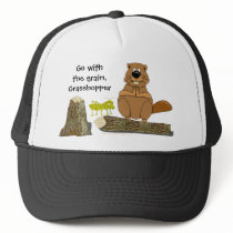 Funny Wood Turning Beaver and Grasshopper Cartoon Mesh Hat