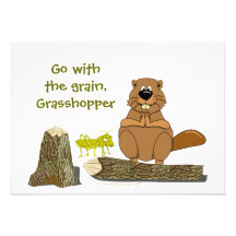 Funny Wood Turning Beaver and Grasshopper Cartoon Invitations