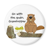 Funny Wood Turning Beaver and Grasshopper Cartoon Fridge Magnet