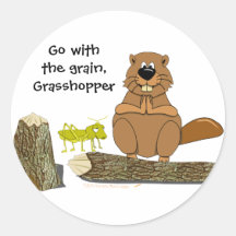 Funny Wood Turning Beaver and Grasshopper Cartoon Round Stickers