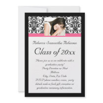 Fushcia Damask Pink and Black Graduation Personalized Invites