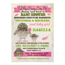 Fuzzy Owl Girl Baby Shower Party Invitations