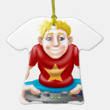 Gamer playing games console too much christmas tree ornaments