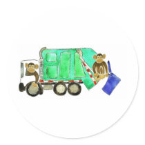 Garbage Truck Monkey Round Sticker