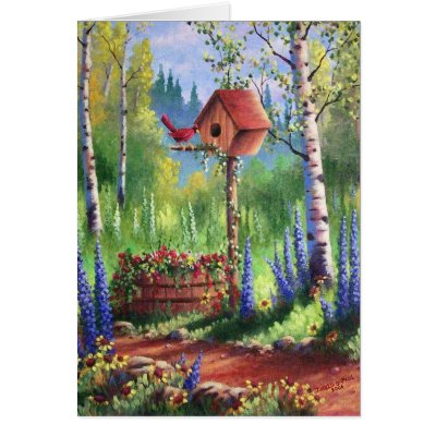 Garden Birdhouse Greeting Cards by dgpaulart