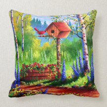 Garden Birdhouse Throw Pillow