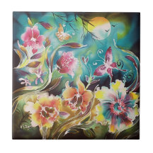 Garden Of Flowers and Butterflies Ceramic Tile