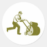 Gardener Landscaper Pushing Lawn Roller Retro Stickers
