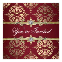 Garnet Ruby Red Gold Black Damask Party Invitation