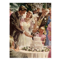 Gâteau vintage de coupe de nouveaux mariés de mari carte postale