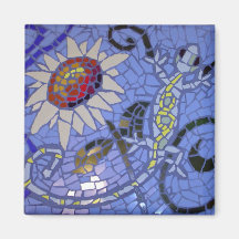 Gecko et tournesol de mosaïque sur le bleu magnets pour réfrigérateur