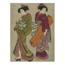Geisha and Servant Vintage Japanese Art Post Cards