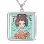 Geisha in Blue Kimono Japanese Art Necklace