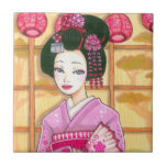 Geisha in Pink Kimono Japanese Art Tile