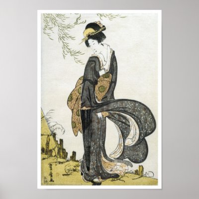 Geisha Standing in the Wind, Toyohiro, 1805 by japaneseartmall