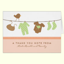 Gender Neutral Baby Laundry Thank You Card (peach) cards