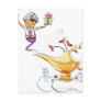 Genie bringing a house and gifts from a magic lamp post card
