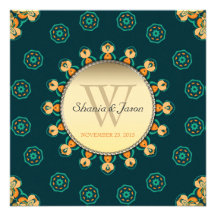 Geo Gems Circle Monogram Teal Gold Wedding Custom Invitation