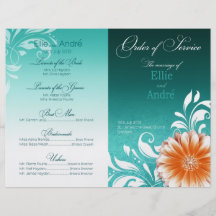 Gerbera Daisy Orange Aqua Order of Service Program Personalized Flyer