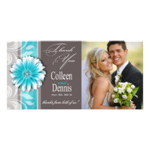 Gerbera Daisy Scroll 1 Thank You teal chalkboard Personalized Photo Card