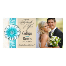 Gerbera Daisy Scroll 1 Thank You teal oatmeal Photo Cards
