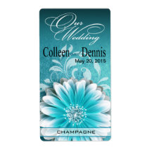 Gerbera Daisy Scroll 1 Wine Label | teal