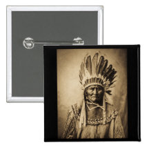 Geronimo in Head Dress Vintage Portrait Sepia Buttons