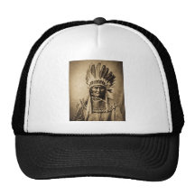 Geronimo in Head Dress Vintage Portrait Sepia Mesh Hat
