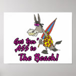 get your ass to the beach funny donkey toon poster