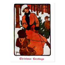Getting the Tree Home Vintage Christmas Postcard