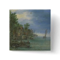 Gezicht op een dorp aan een rivier pinback buttons