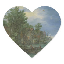 Gezicht op een dorp aan een rivier stickers