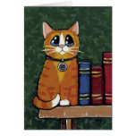Ginger Tabby Cat and Books Painting Greeting Card cards