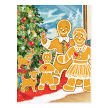 Gingerbread Family With Their Christmas Tree Postcard
