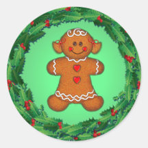 GINGERBREAD GIRL & HOLLY WREATH by SHARON SHARPE Round Sticker