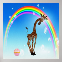 Girafe lunatique, petit gâteau et arc-en-ciel posters