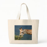 Giraffe eating some leaves tote bags