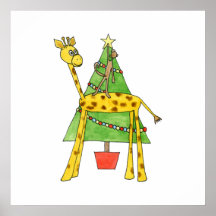 Giraffe, Monkey and Christmas Tree. Poster