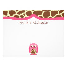 Giraffe Print & Pink Owl Flat Notecard Announcements