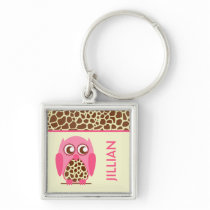 Giraffe Print & Pink Owl Personalized Keychain