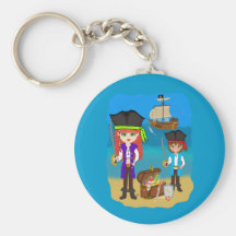 Girl and Boy Pirates with Ship on Beach Keychain