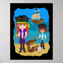 Girl and Boy Pirates with Ship on Beach Poster