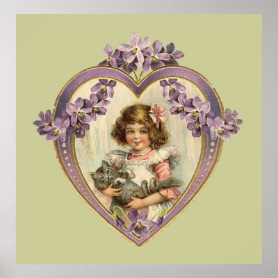 Girl And Kitten Heart Posters by vintagetreasurechest