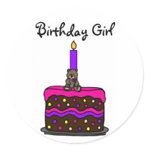 Girl bear on birthday cake - Customized Round Sticker
